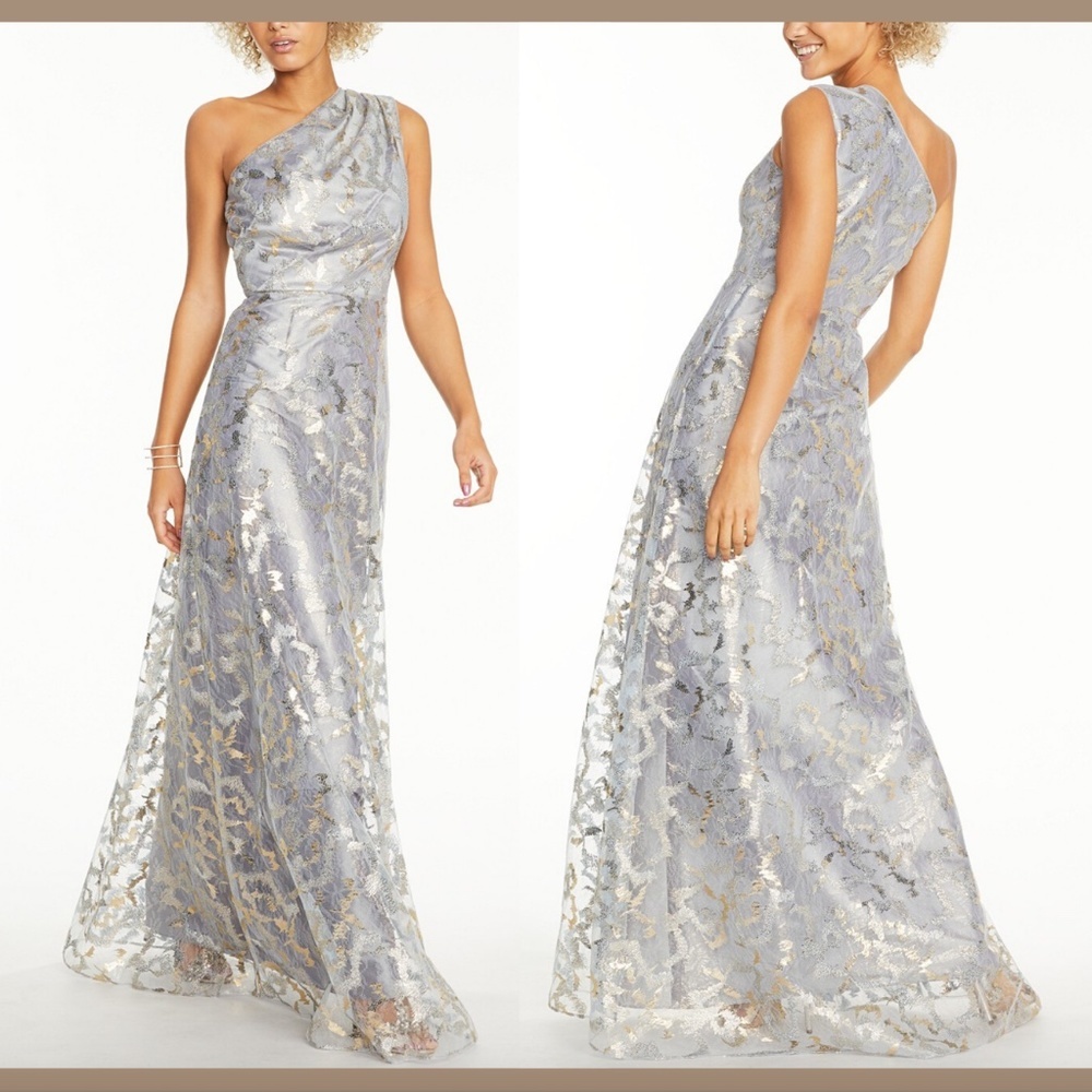 NWT $349 Adrianna Papell Metallic Lace One Shoulder Gown [ SZ 12 ] HOLIDAY GOWN‎